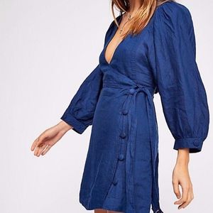 Free People Carino Puff Sleeve Navy Wrap Mini Dres